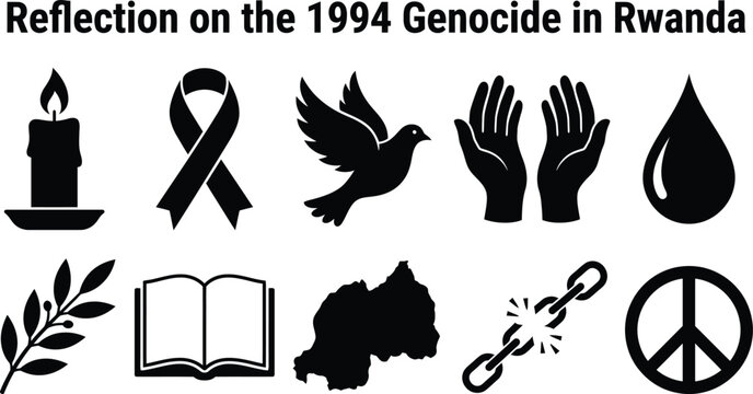 A collection of black silhouette icons representing reflection and remembrance of the 1994 genocide in rwanda featuring symbols of peace hope mourning and human rights