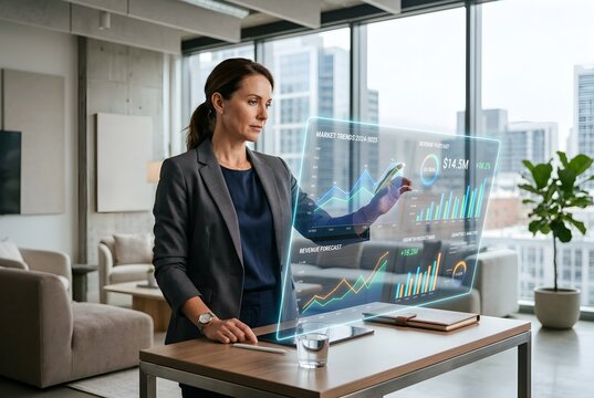 executive analyzing predictive business trends on holographic dashboard, contemporary office interior, neutral tones