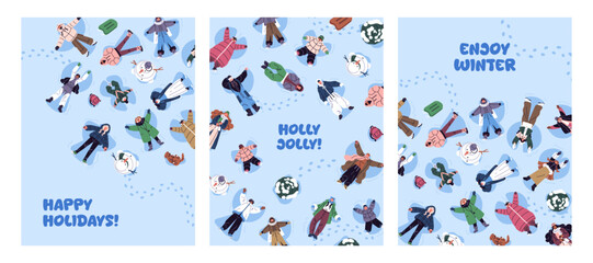 Obraz premium Merry Christmas and Happy New Year postcards designs set. Greeting cards with people lying in the snow and making snow angels top view. Festive layouts for winter holidays. Flat vector illustrations