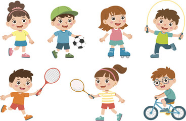 Fototapeta premium Active children character set playing sports, running, jumping rope and riding bicycle vector illustration