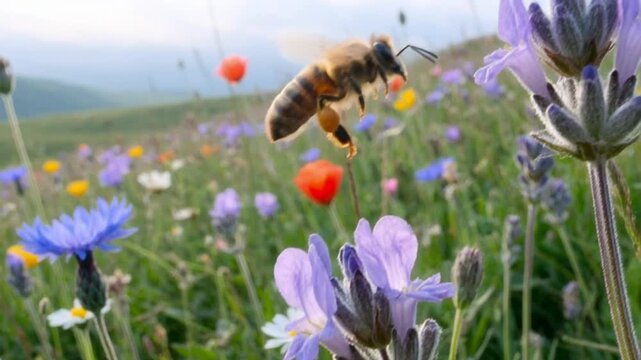 European Honeybee Collecting Nectar from Colorful Wildflowers in Golden Morning Light | Ultra Realistic Macro Wildlife 4K