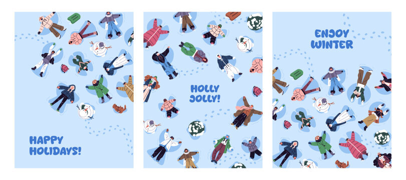 Merry Christmas and Happy New Year postcards designs set. Greeting cards with people lying in the snow and making snow angels top view. Festive layouts for winter holidays. Flat vector illustrations