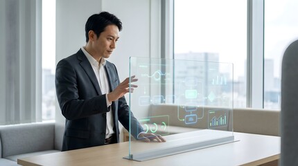 Fototapeta premium professional executive reviewing workflow automation metrics on digital glass dashboard, minimalist corporate workspace