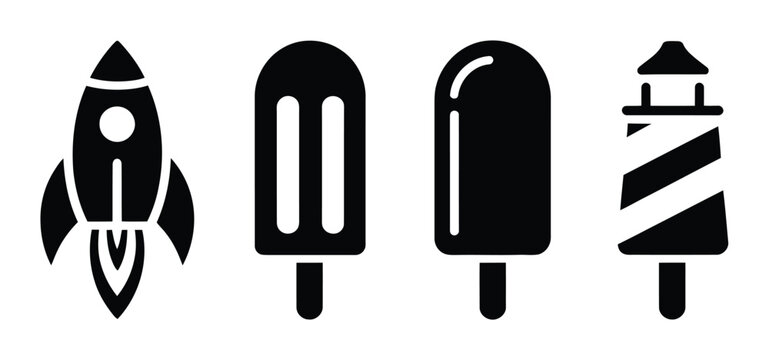 Conjunto de cuatro dise&ntilde;os minimalistas negros con cohetes, paletas de helado y faros