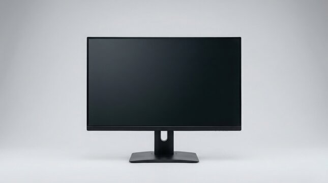 A black computer monitor with a thin bezel and a sturdy stand, screen turned off, isolated on a plain white studio background