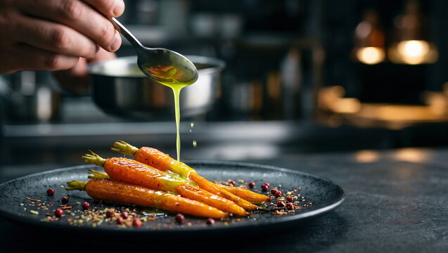 Chef drizzling herb oil sauce over roasted carrots and asparagus on black plate, gourmet restaurant cooking concept