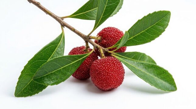 A branch of fresh red bayberry fruit with green leaves, isolated on a white background, showing the textured surface of the ripe summer berries