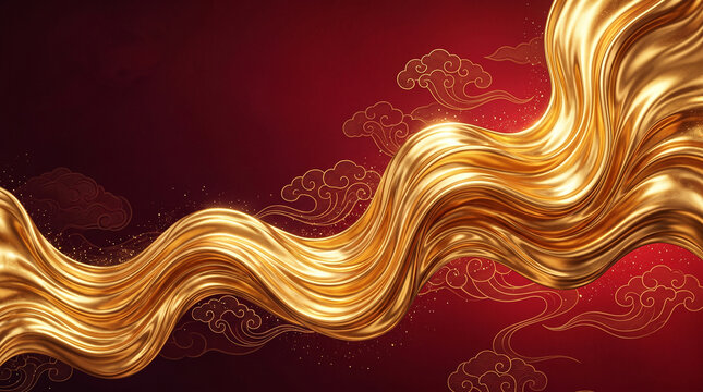 Luxury red and gold silk wave background with traditional Chinese clouds for New Year celebration