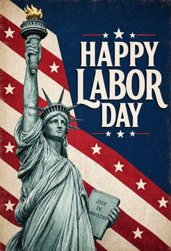 Patriotic happy labor day celebration with statue of liberty and american flag background design