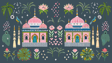 Mughal Architecture Illustration With Floral Ornament And Birds © Amrita