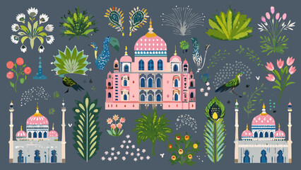 Mughal Architecture And Floral Ornament Pattern On Gray Background © Amrita