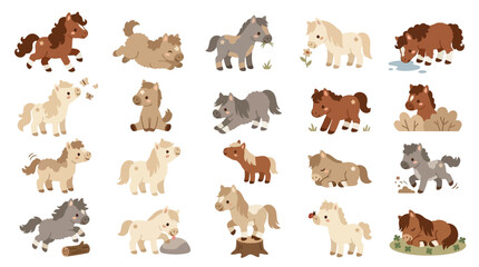 Set of cute cartoon little ponies in various poses and actions on white background. © Pink