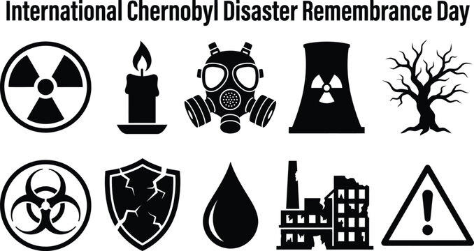 A collection of black icons representing international chernobyl disaster remembrance day including radiation symbols gas masks nuclear power plants and warning signs on white background
