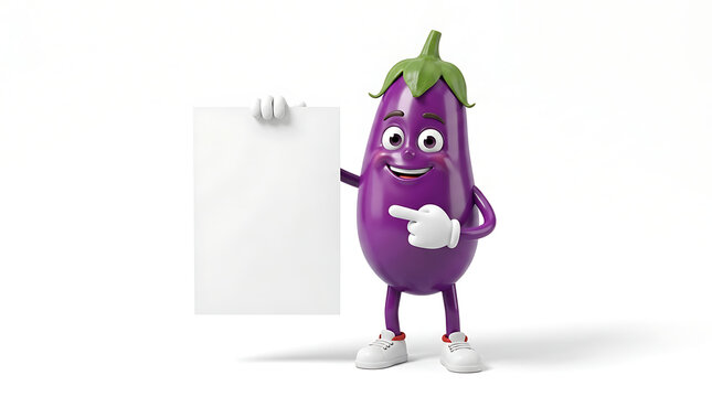 Cute purple eggplant cartoon character holding blank white paper board mockup