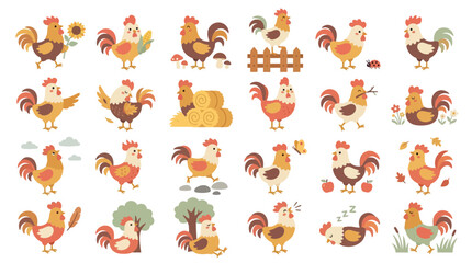 Set of cute cartoon rooster characters in various poses and activities on white background. © Pink