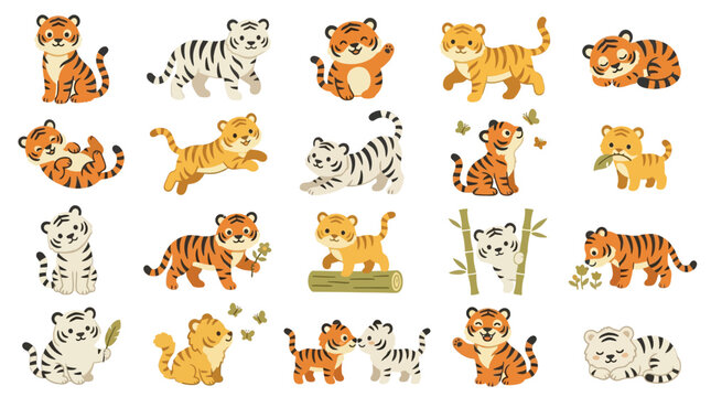 Collection of cute cartoon tiger cubs in various poses and activities.