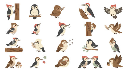 Obraz premium Set of cute cartoon woodpecker birds in various poses and activities isolated on white background.