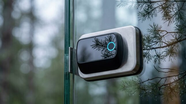 Smart video doorbell mounted on glass door near pine tree branches, modern home security and automation concept