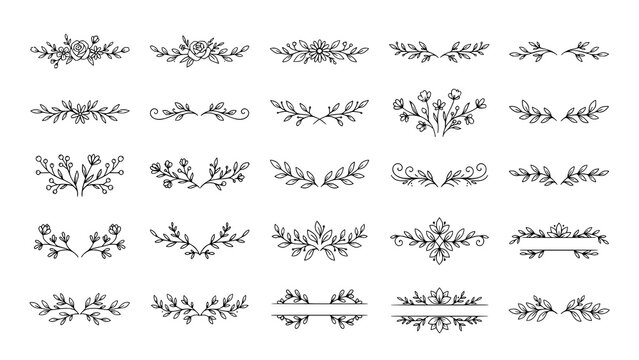 Collection of hand drawn floral dividers and decorative botanical elements for wedding invitation design