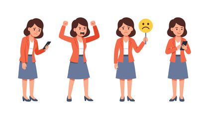 Obraz premium Business woman expressing different emotions and feedback including anger sadness satisfaction holding phone and sad emoji face sign vector
