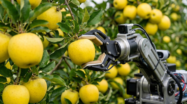 robotic arm harvesting yellow apple in modern orchard agriculture tech