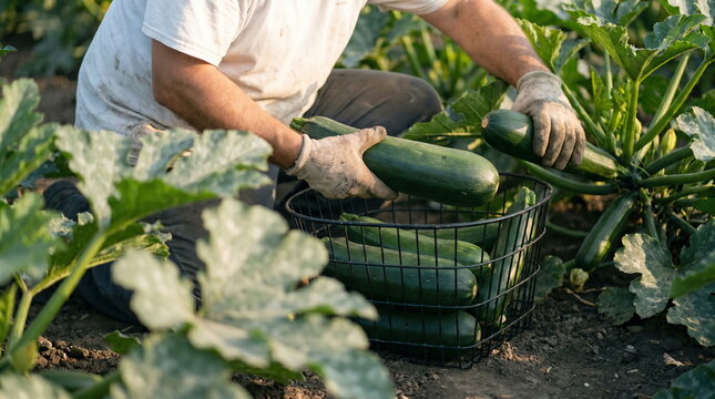 Farmer wearing gloves harvesting zucchini into wire basket in vegetable garden field, organic farming concept