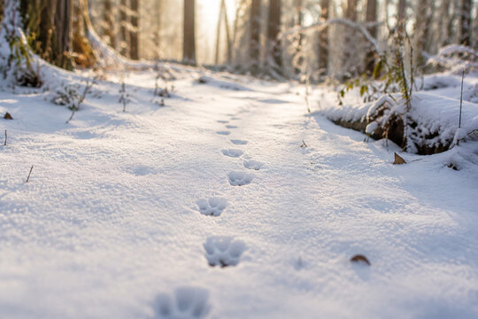 Animal footprints trail through fresh snow on a quiet forest floor.