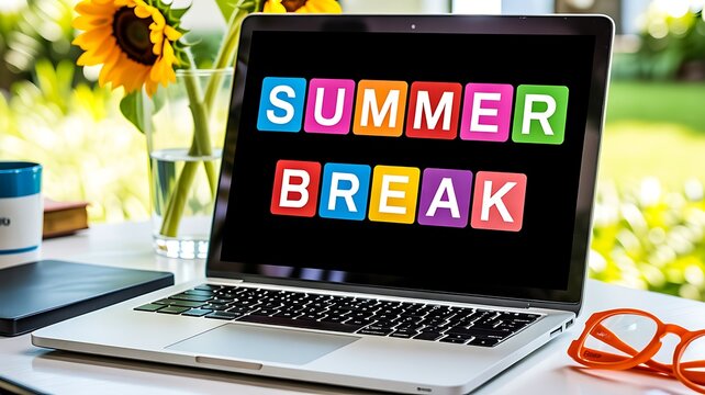Summer break vacation concept displayed on laptop screen with sunny outdoor background