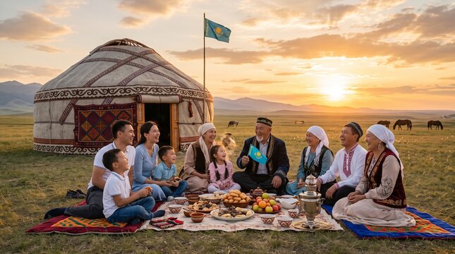 Happy Kazakh family in traditional clothing having outdoor feast picnic on carpet near yurt at sunset