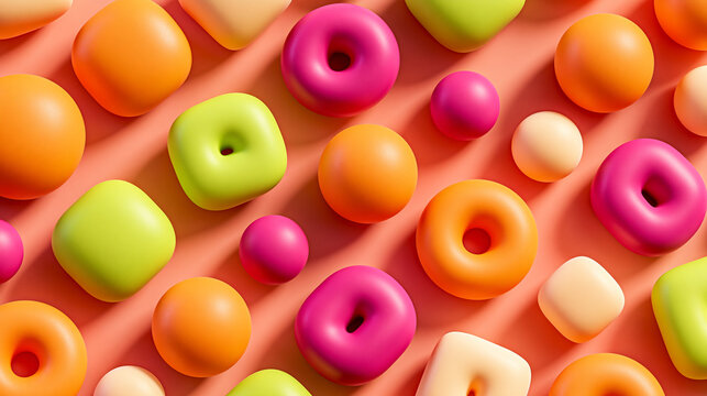 Colorful Donuts and Apples on Pink Background