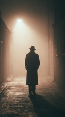 Obraz premium A silhouette of a man wearing a hat and a long coat walks down a dark narrow alleyway illuminated by a single street light in the fog