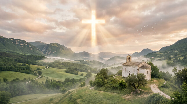 Ancient Church in Mountain Valley with Divine Light