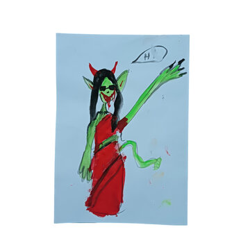 Drawing of a green monster girl in a red dress