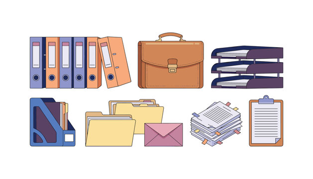 Business office documentation and archive vector set featuring ring binders folders briefcase paper trays envelope clipboard and document stack illustration