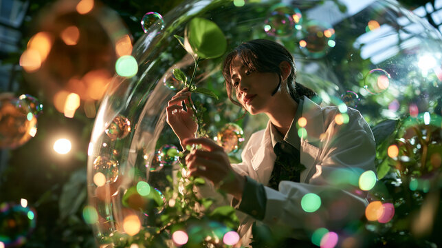 Woman Tending Plants in Magical Garden Greenhouse