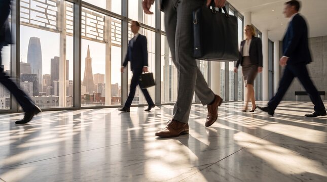Business Professionals Walking in Modern Office Corridor