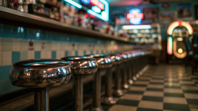 Classic American Diner Interior with Retro Neon Signs