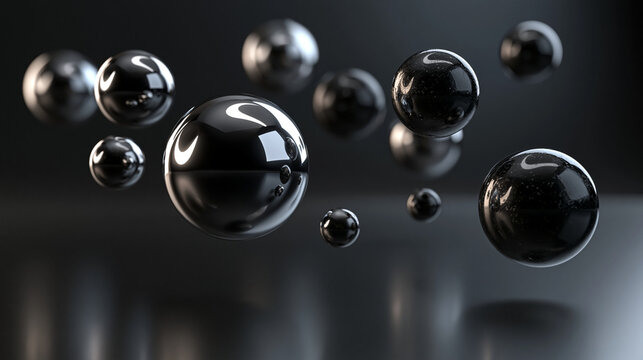 Black Glossy Spheres Floating Against Dark Background