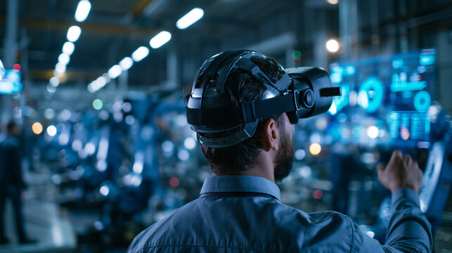 Engineer Using VR Headset in Smart Factory Environment