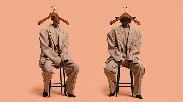 Surreal Portrait Man with Wooden Hanger Head
