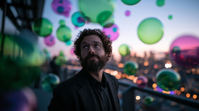 Man Contemplating Future Surrounded by Floating Colorful Spheres