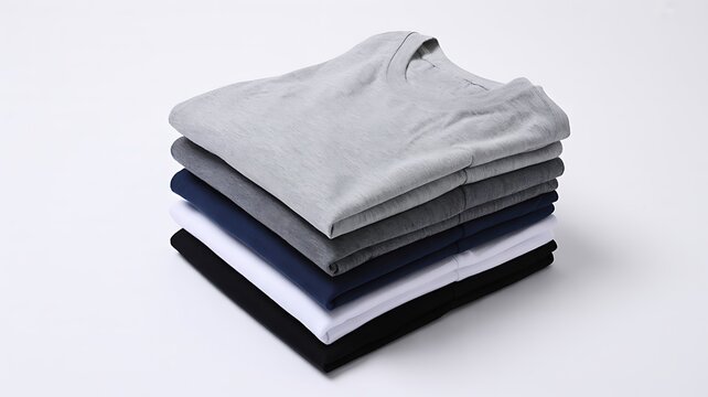 Stack of folded cotton shirts in different colors on white background