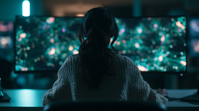 Woman Watching Digital Screens at Night