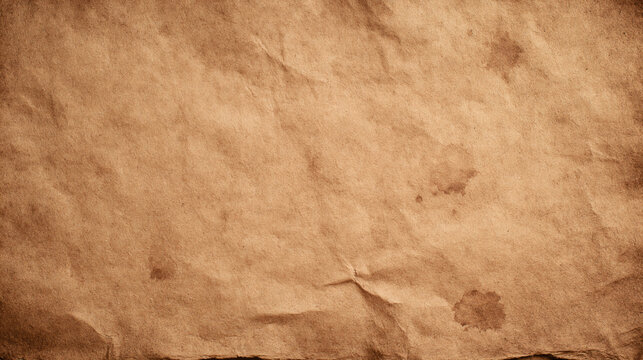 A close up view of an old brown paper sheet with a wrinkled texture and dark spots showing a vintage style surface for a rustic background design