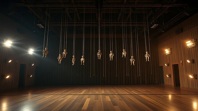 Empty theater stage with motionless marionettes hanging under dim work lights.