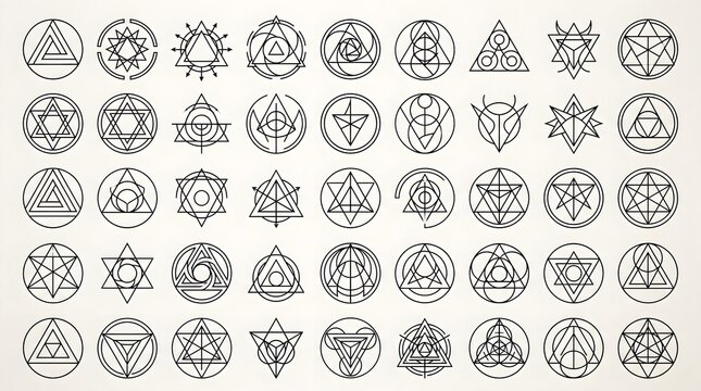 Sacred Geometry Symbols: A collection of intricate sacred geometry designs and mystical symbols arranged in a grid formation.