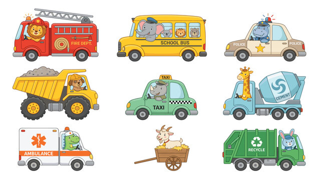 Animal cars vector illustration set with cute cartoon vehicles, fire truck, school bus, police cruiser and ambulance.