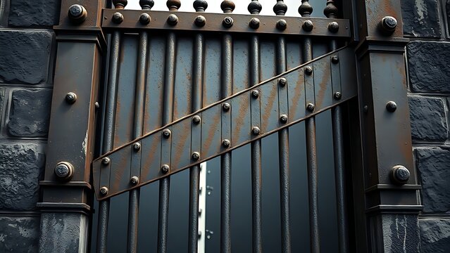 Heavy rusted iron castle gate portcullis half-lowered with sharp spikes pointing down.