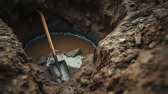 A muddy trench with a shovel beside a water-filled shell crater, desolate.