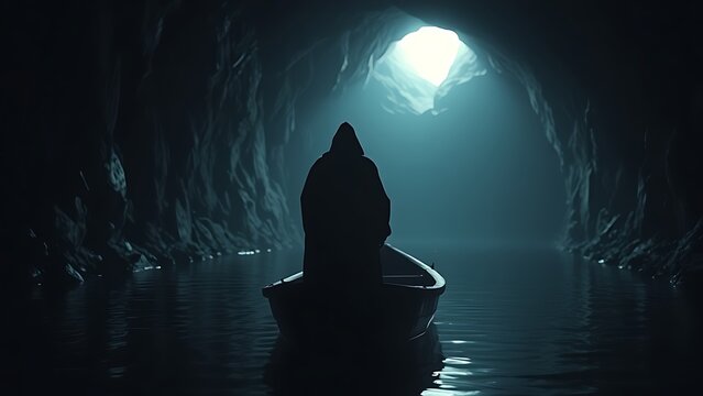 A cloaked figure stands in a small boat at a tunnel's exit, a faint light ahead.